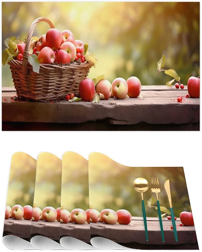 Apple Fall Fruit Basket Placemats Set of 1 PVC Vinyl Non Slip Table Mats Heat Resistant Place Mats Washable Wipeable Dining Table Mat for Kitchen Decor Party Indoor Outdoor Decorative Gift