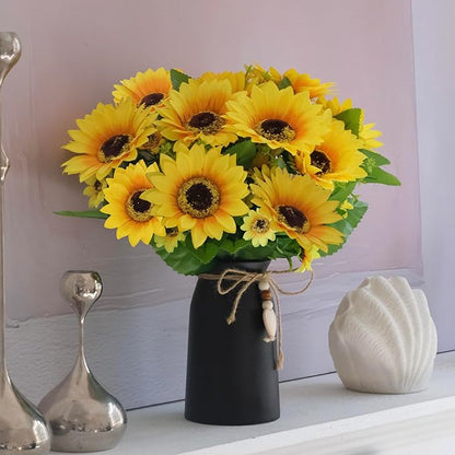 Artificial Sunflower Arrangement in Black Vase - 3 Bunches of Lifelike Sunflowers with Rustic Black Vase for Home Décor, Office, and Special Occasions