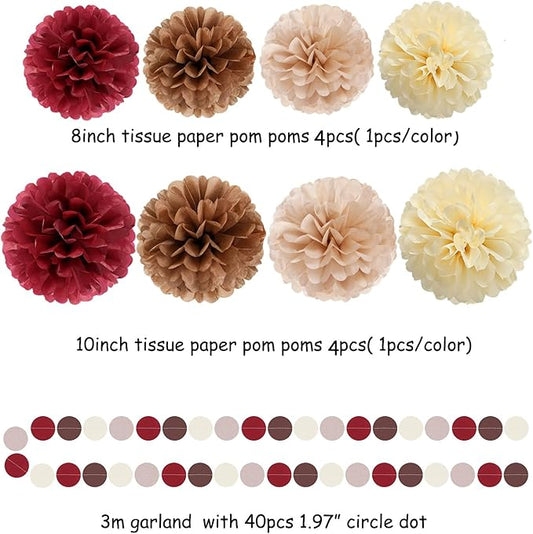 Brown Burgundy Champagne-Gold Party-Decorations - 30pcs Rustic Boho Wedding Tissue Pom-Poms Streamers ,Fall Autumn Tassel Garland Banner,Birthday Baby Bridal Shower Engagement Decor Lasting Surprise
