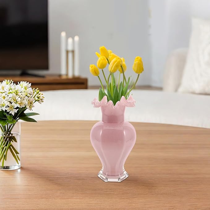 PRETYZOOM Artistic Ripple Edge Glass Flower Vase Handblown Decorative Floral Container for Home Table Office Wedding Centerpiece Pink Unique Artistic Accent Multipurpose Use