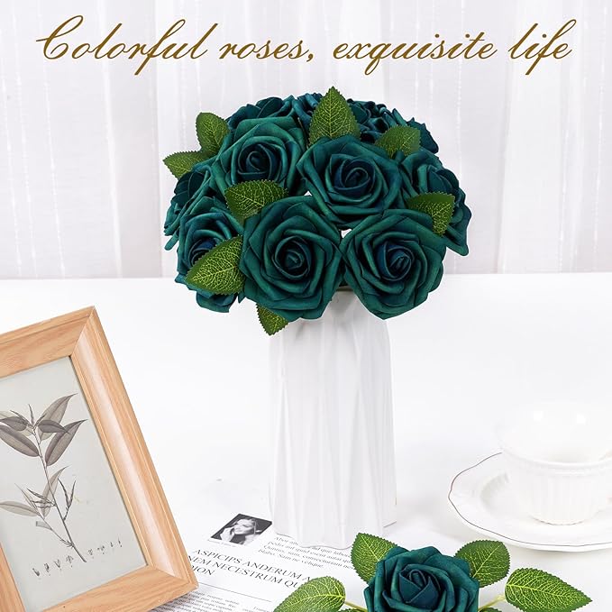 BLEUM CADE 36Pcs Artificial Flowers Fake Roses with Stems, Army Green Boxed Foam Roses for DIY Bouquets Centerpieces Wedding Party Arrangement Bridal Shower Decor