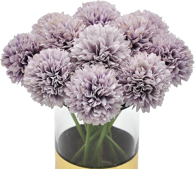 10Pcs Artificial Fake Flower Plants Silk Chrysanthemum Ball Hydrangea Arrangements Wedding Bouquets Decor Home Kitchen Garden Party Table Floral Centerpieces DIY (Grey Purple)