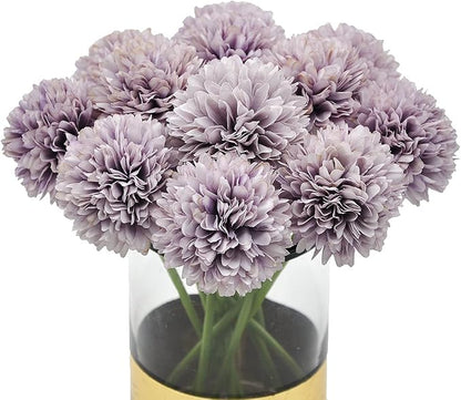 10Pcs Artificial Fake Flower Plants Silk Chrysanthemum Ball Hydrangea Arrangements Wedding Bouquets Decor Home Kitchen Garden Party Table Floral Centerpieces DIY (Grey Purple)