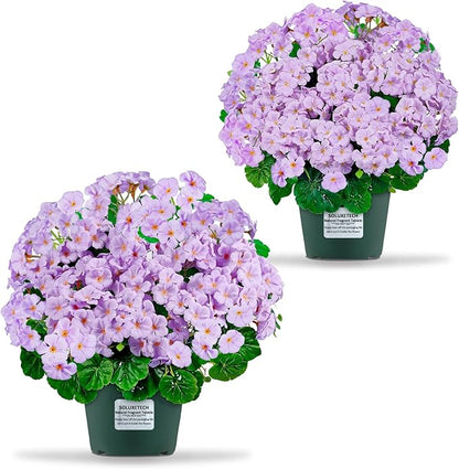 Artificial Handmade Geraniums With Flowers Scent Pots White Pink Purple Lavender Lifelike Faux Geraniums Bushes Fake Flowers for Wedding Party Home Office Indoor outdoor Plants Decor (Light Purple)