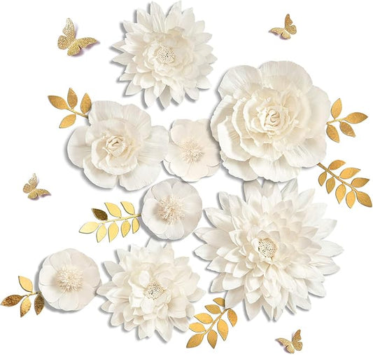 Letjolt White Paper Flowers Decoration for Wall 3D Artificial Flowers Home Decor Modern Wedding Backdrop Baby Shower Bridal Shower Nursery Wall (White 8Pcs)