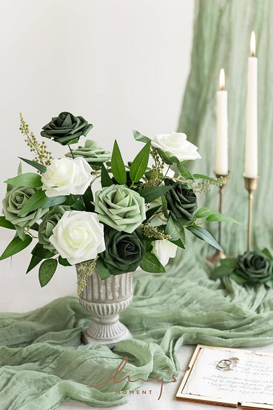 Ling's moment Artificial Flowers 25Pcs Emerald Green Mix Roses Decor w/Stems,3" Real Touch DIY Foam Floral for Wedding Bouquet/Centerpieces, Outdoors Party Backdrop, Room/Table, and Garden/Pot Decor