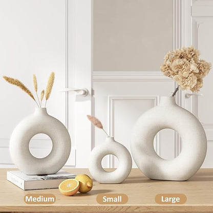 Cream White Ceramic Vase for Home Decor, Donut Vase for Pampas Grass, Dried Flowers, 7.6 Inch Minimalist Boho Flower Vases Decorative for Table, Shelf, Living Room, Dining Room, Farmhouse