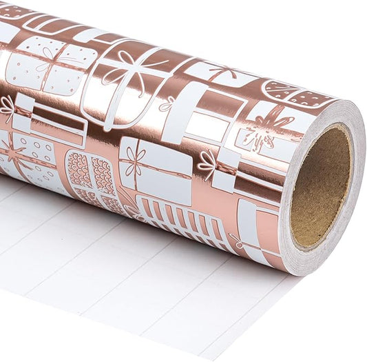 WRAPAHOLIC Wrapping Paper Roll - Mini Roll - 17 Inch x 33 Feet - Rose Gold Present Design with Metallic Foil Shine for Birthday, Party, Baby Shower