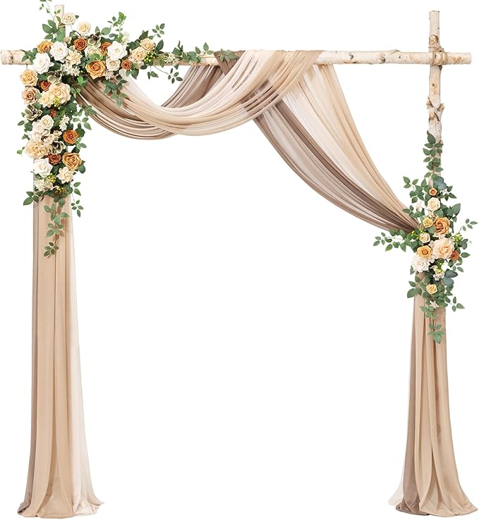 Ling's moment Artificial Wedding Arch Flowers with Drapes Kit-Pack of 5, 2pcs Flower Arrangements 3pcs Hanging Sheer Drapes Ceremony Arbor Backdrop Rose Floral Decorations, Apricot & Soft Peach