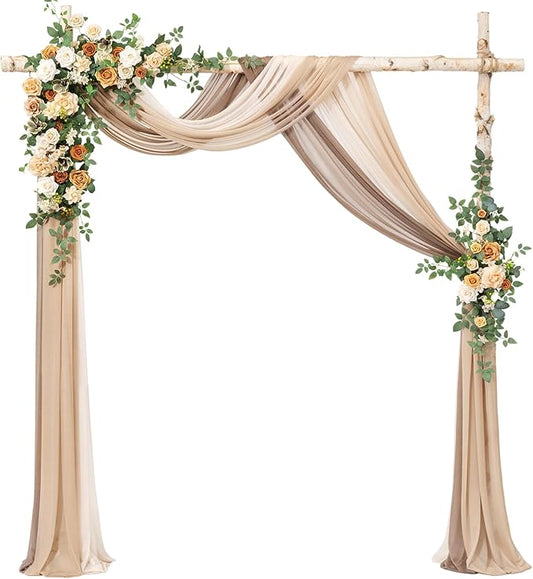 Ling's moment Artificial Wedding Arch Flowers with Drapes Kit-Pack of 5, 2pcs Flower Arrangements 3pcs Hanging Sheer Drapes Ceremony Arbor Backdrop Rose Floral Decorations, Apricot & Soft Peach