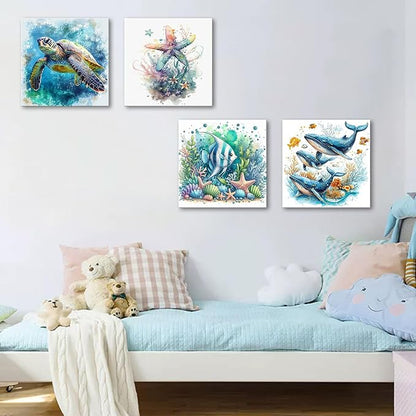 dgbtcart Ocean Bathroom Wall Art Watercolor Sea Turtle Starfish Whale Canvas Pictures Beach Coastal Prints Painting Marine Life Artwork for Living Room Bedroom Decorations 12"x12"x4pcs