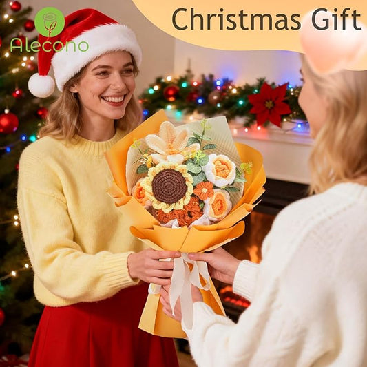 Alecono Crochet Flower Bouquet, Orange Knitted Flowers, Crochet Sunflower Flower for Lover Anniversary Birthday Party Mother's Day Graduation Gifts (Include Card)