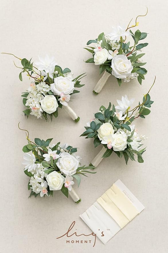 Ling's moment Artificial Flowers White Bridesmaid Bouquet Set of 4, White & Sage Wedding Flowers Bouquets for Bridesmaids, 7 Inch Bridal Bouquets for Bridesmaids, Wedding, Ceremony, Anniversary, etc