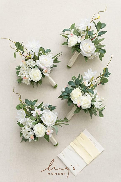 Ling's moment Artificial Flowers White Bridesmaid Bouquet Set of 4, White & Sage Wedding Flowers Bouquets for Bridesmaids, 7 Inch Bridal Bouquets for Bridesmaids, Wedding, Ceremony, Anniversary, etc
