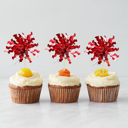 Gyufise 30Pcs Foil Firework Cupcake Toppers Sparkle Tinsel Cake Toppers Tinsel Drink Cake Decoration Cocktail Picks for Birthday Wedding Graduation Party Supplies Red