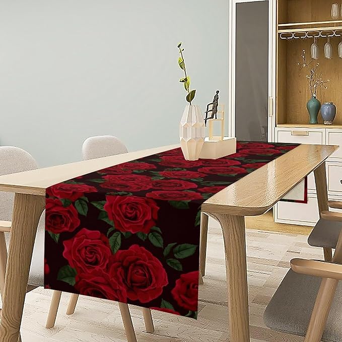Red Rose Table Runner,Romantic Spring Summer Seasonal Table Runner for Indoor Outdoor Holiday Home Wedding Party 13x120 Inch