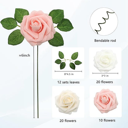 JOYLEX Artificial Flowers Realistic Roses, Real Looking Fake Roses with Stem for DIY Wedding Bouquets Centerpieces Bridal Shower Party Romantic Decorations (50pcs, White/Cream/Light Pink)