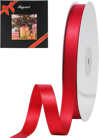 LIUYAXI Hot Red Stain Ribbon, 5/8" X Continuous 50 Yards, Double Faced Fabric Ribbon Perfect for Gift Wrapping Wedding Birthday Party Christmas Hair Floral Craft Baby Shower