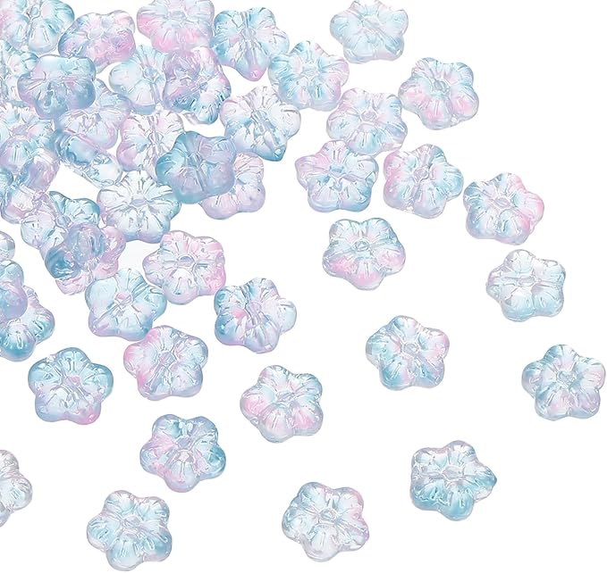 PATIKIL Random Glass Flower Beads, 50Pack Transparent Floral Beads Hibiscus Beads for DIY Jewelry Making Bracelets Bulk, Blue/Pink
