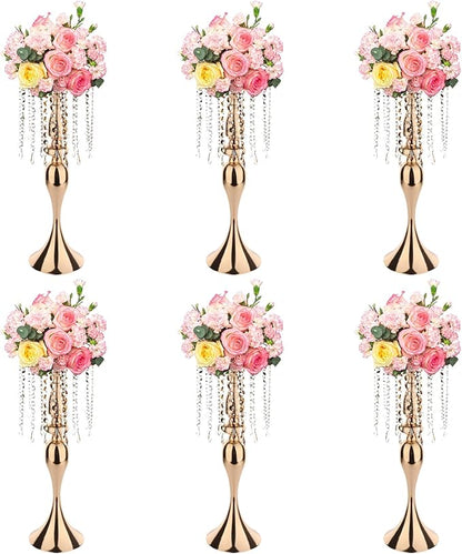 6 Pcs 21.3 Inch Tall Crystal Metal Flower Stand Wedding Lead Vases for Table Centerpieces and Reception Flower Arrangement Holders