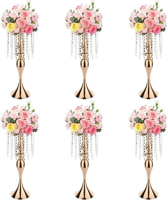 6 Pcs 21.3 Inch Tall Crystal Metal Flower Stand Wedding Lead Vases for Table Centerpieces and Reception Flower Arrangement Holders