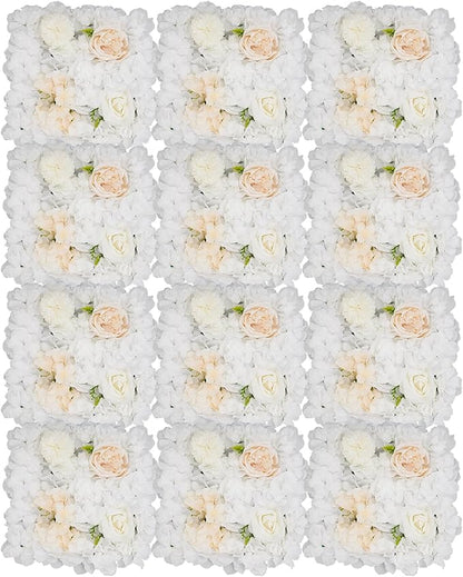 12Pcs Artificial Flower Wall Panel 3D Floral Backdrop Walls15 X 15" Flower Wall Decor Panel Flower Backdrop for Party Home Background Decor, White & Champagne