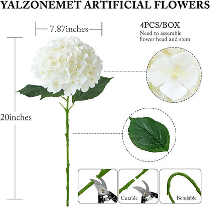YalzoneMet 4Pcs White Silk Hydrangeas Artificial Flower Natural Lifelike Big Blooms 20'' Long Stem Faux Hydrangea Flower Bouquets for Home Party Indoor Outdoor Wedding Table Centerpiece Decor