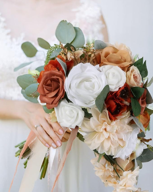 Wedding Bouquet, 11 Inch Terracotta Wedding Decor Artificial Flowers Bridal Bouquet Cascading Wedding Bouquets for Bride for Wedding Ceremony and Anniversary(Chic Terracotta)