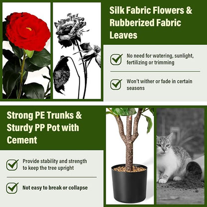 Artificial Camellia Tree,2Pack 3.6FT Faux Red Camellia Plants in Pots,Lifelike Artificial Flower Trees for Indoor Outdoor Home Decor,Realistic Blooming Faux Plants for Living Room Porch Patio Office