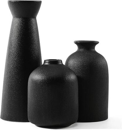 Christmas Black Ceramic Flower Vases Set of 3, Large Xmas Gift Vases with Vertical Stripe Texture, Modern Decorative Vases for Dried Flowers, Home Decor for Living Room Bedroom Kitchen Shelf