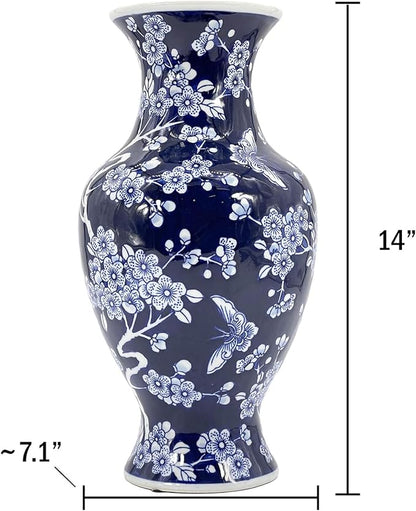 Galt International 14” Hand Painted Chinoiserie Ceramic Vase – Antique Style Porcelain Flower Bottle by Galt International, Fishtail Chinese Vase for Home Decor & Centerpiece - Dark Blue Floral
