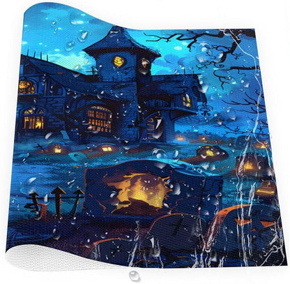 Halloween Castle Scary Blue Placemats Set of 4 PVC Vinyl Non Slip Table Mats Heat Resistant Place Mats Washable Wipeable Dining Table Mat for Kitchen Decor Party Indoor Outdoor Decorative Gift