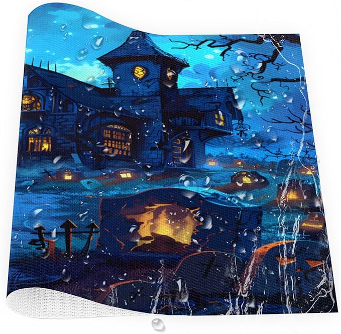Halloween Castle Scary Blue Placemats Set of 1 PVC Vinyl Non Slip Table Mats Heat Resistant Place Mats Washable Wipeable Dining Table Mat for Kitchen Decor Party Indoor Outdoor Decorative Gift