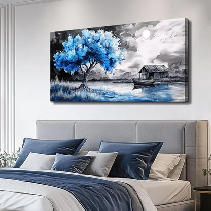 PHAOHUAXM Wall Art For Living Room Large Wall Decor For Bedroom Black White And Blue Trees Wall Pictures Artwork Restaurant Office Frame Printing Canvas Artwork Modern Home Decor Aesthetic 24x48 in