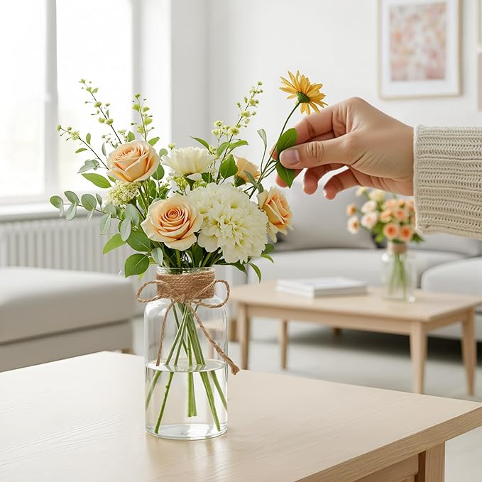Vintage Glass Flower Vase Set of 8 Clear Vases with Hemp Rope for Farmhouse Wedding Centerpiece Cylinder Bottle for Reception Table Decoration Home Decor Floral Arrangements（Medium）