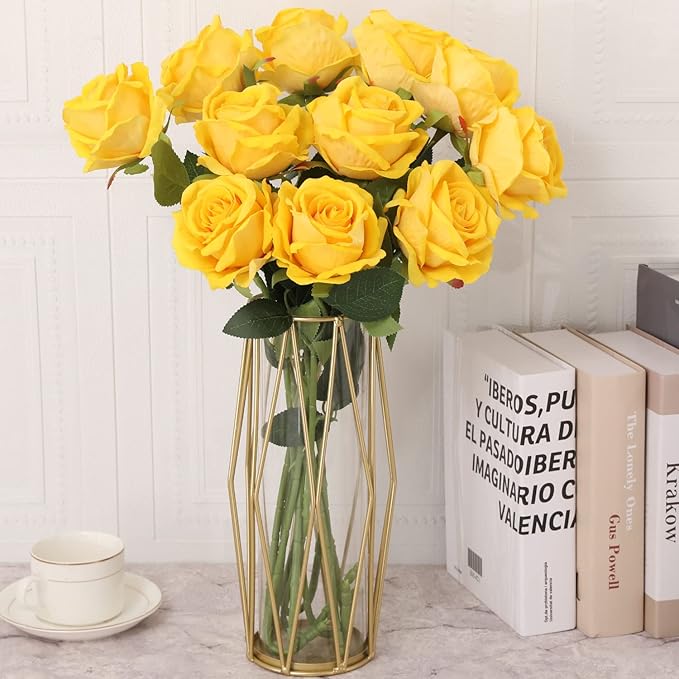 15Pcs Yellow Roses Artificial Flowers Fake Roses Long Stem Velet Rose Silk Flowers for Home Wedding Decoration (Round Rose,Yellow)