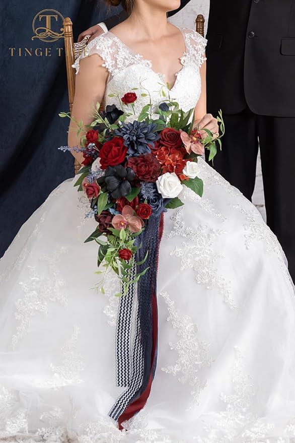 TINGE TIME 17 Inch Artificial Bridal Bouquet - Red and NavyBlue, Realistic Silk Wedding Bouquet, Durable Fake Flowers for Brides, Bridesmaids, Home Decor, and Events