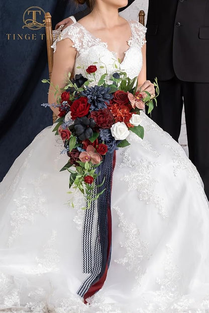 TINGE TIME 17 Inch Artificial Bridal Bouquet - Red and NavyBlue, Realistic Silk Wedding Bouquet, Durable Fake Flowers for Brides, Bridesmaids, Home Decor, and Events