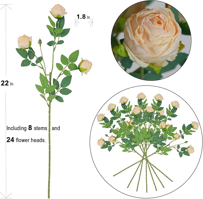 CHIAVE 8pcs 24 Flower Buds Artificial Vintage Roses Fake Silk Rose Flowers with Long Stem for DIY Bouquets Wedding Centerpiece Party Home Kitchen Shorp Decoration-Beige
