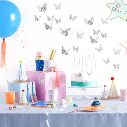 144 Pcs 3D Butterfly Wall Stickers Decor 6 Styles 3 Sizes, Silver Removable Butterfly Decals Room Wall Decor for Kids Nursery Classroom, Wedding, Party, Baby Shower