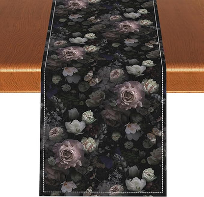 Gothic Floral Table Runner, Vintage Garden Flower Black Witchy Farmhouse Coffee Table Center Decor for Home Kitchen Dining Patio Holiday Party Table Decorations 13x90 inches
