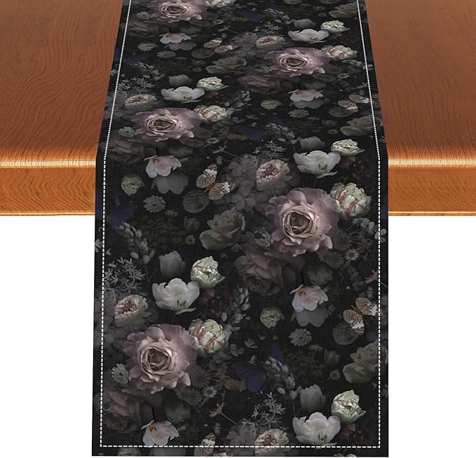 Gothic Floral Table Runner, Vintage Garden Flower Black Witchy Farmhouse Coffee Table Center Decor for Home Kitchen Dining Patio Holiday Party Table Decorations 13x72 inches