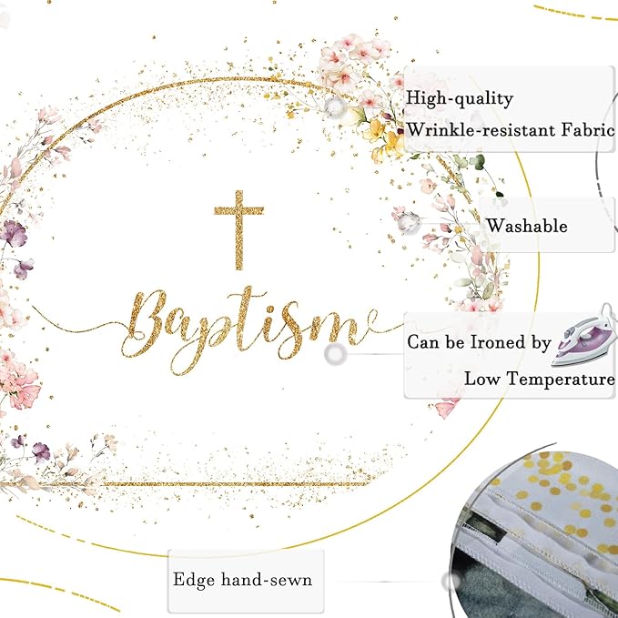 Baptism Backdrop God Bless Floral Golden Dots First Holy Communion Christening Photography Background Baptism Party Decoration Supplies Baby Shower Banner Photo Booth Studio Props 7x5ft