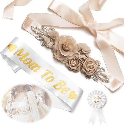 Baby Shower Maternity Sash Belly Belt-Pink Flower Sash Set Mom to Be & Dad to Be Corsage Pins for Gender Reveal