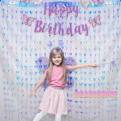 BRAVESHINE Iridescent Hanging Butterfly Foil Fringe Curtain - 2 Pack 3.2x6.6ft Holographic Party Streamers Backdrop for Baby/Bridal Shower/Mermaid/Frozen/Fairy/Princess/Butterfly Birthdays Decorations