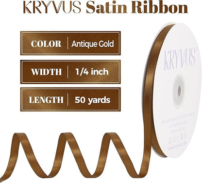 Antique Gold Satin Ribbon, Double Faced 1/4 Inch X 50 Yards Antique Gold Ribbon, Premium Satin Ribbon for Gift Wrapping, Crafts, Hair Bow Making, Sewing, Flower Bouquet, Wedding Party Decor