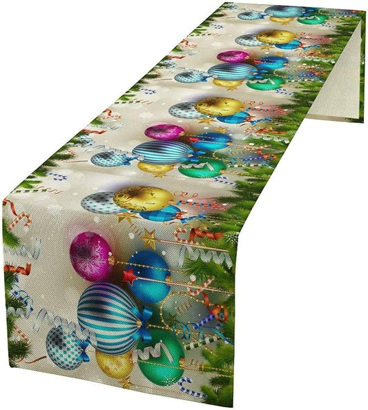 Christmas Table Runner,Colorful Balls Xmas Tree Snowflake Pattern Print Tablecloth Burlap for Hotel Indoors Outdoor Dining Room Kitchen Home Decor,W13X L70 in