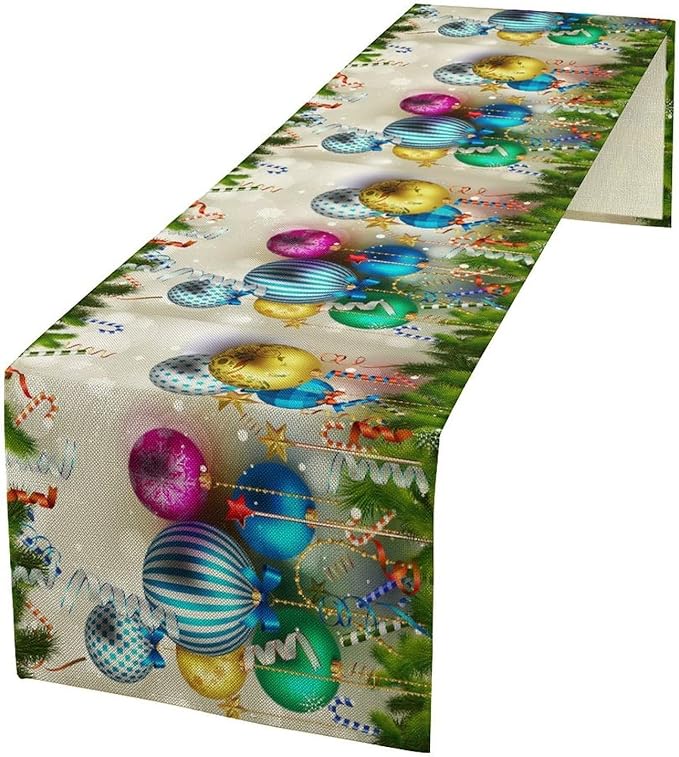 Christmas Table Runner,Colorful Balls Xmas Tree Snowflake Pattern Print Tablecloth Burlap for Hotel Indoors Outdoor Dining Room Kitchen Home Decor,W13X L90 in