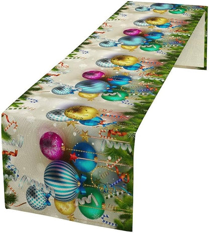 Christmas Table Runner,Colorful Balls Xmas Tree Snowflake Pattern Print Tablecloth Burlap for Hotel Indoors Outdoor Dining Room Kitchen Home Decor,W13X L80 in