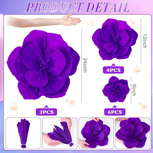 Giant Paper Flowers Artificial Large Paper Flower Decoration for Handcrafted Wall Backdrop Christmas Mexican Wedding Graduation Bridal Shower Birthday Party Supplies(Purple,12 Pcs)